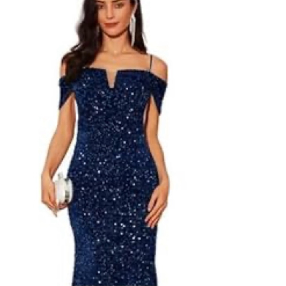 NWT La Scala blue sequin off shoulder fishtail formal dress